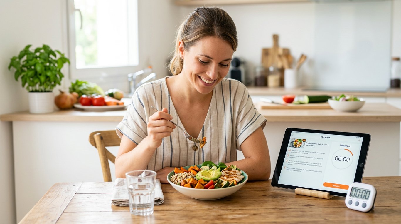Personne cuisinant sereinement dans une cuisine moderne