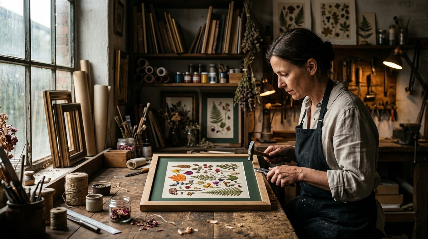 Allée végétalisée avec lumière sculptée, textures riches et atmosphère luxueuse.