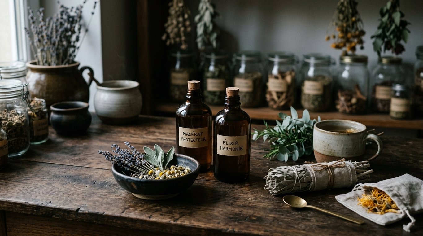 Une ambiance de rituel : herbes, mortier et lumière chaude, idéale pour la préparation