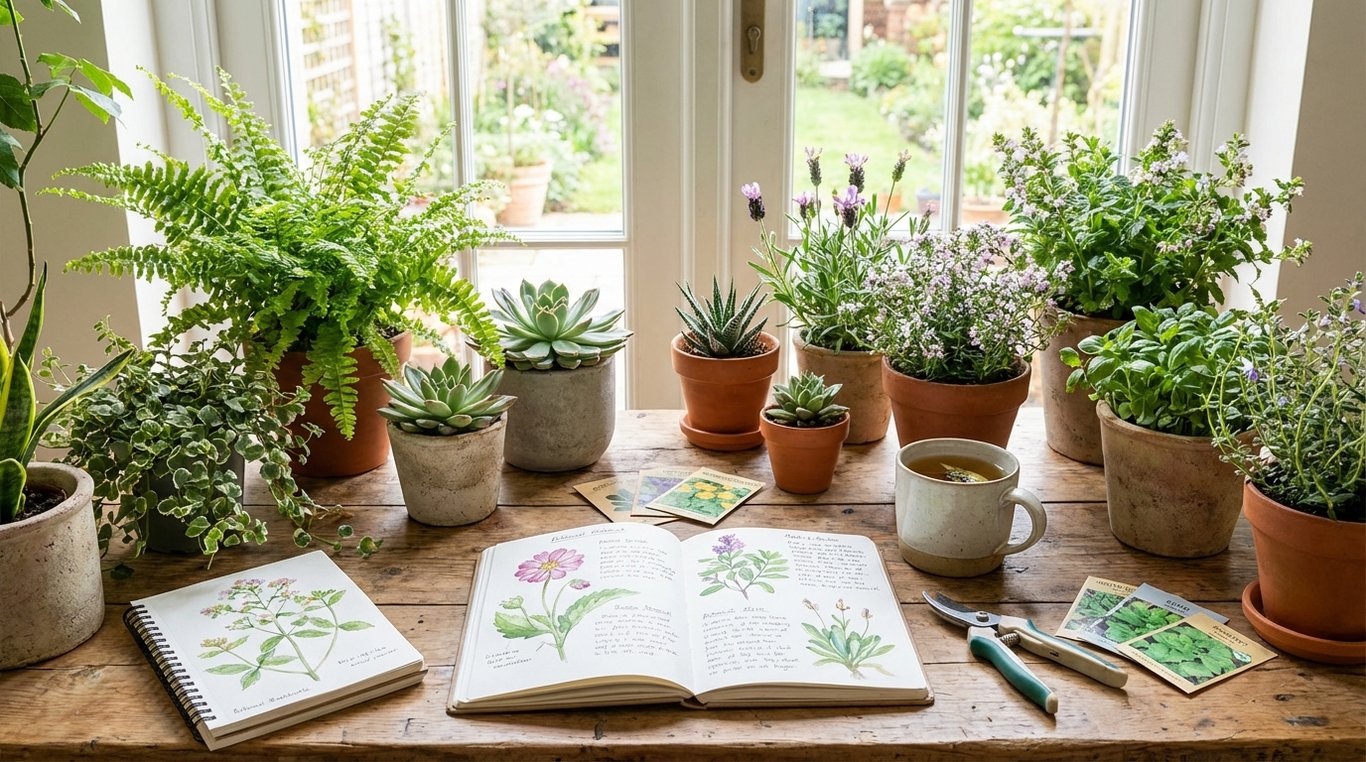 Personne rempotant délicatement une petite plante sur un plan de travail en marbre avec des outils en laiton et des pots vides autour