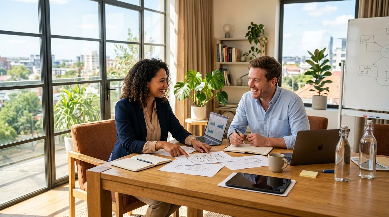Deux professionnels en séance de coaching dans un bureau lumineux