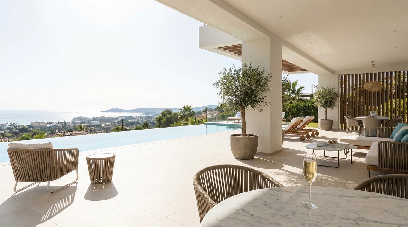 Façade d'une maison d'architecte moderne en béton et bois nichée dans la nature, lumière naturelle intense, cadrage artistique