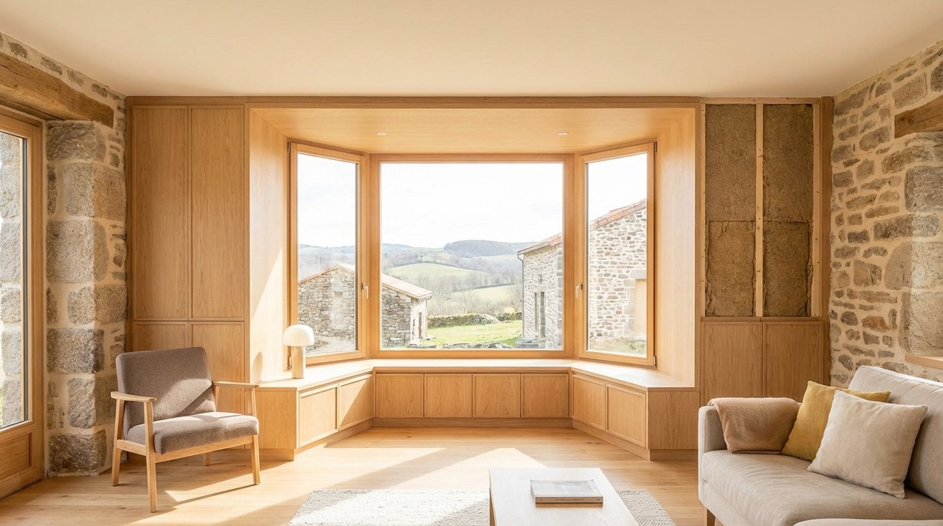 Photo avant rénovation : salon sombre avec mobilier ancien et fenêtres vétustes