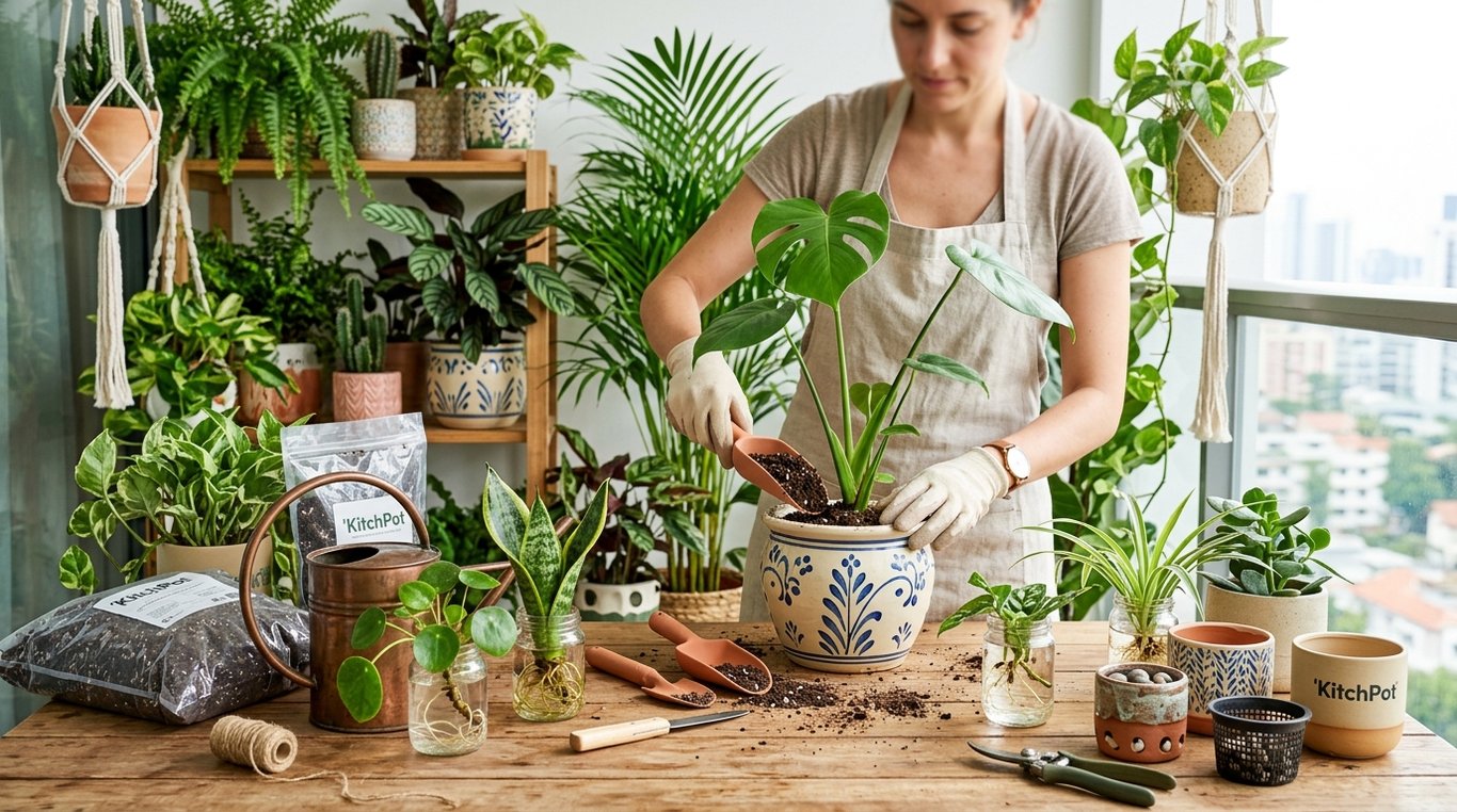 Aperçu d’une plante rempotée dans une cuisine lumineuse