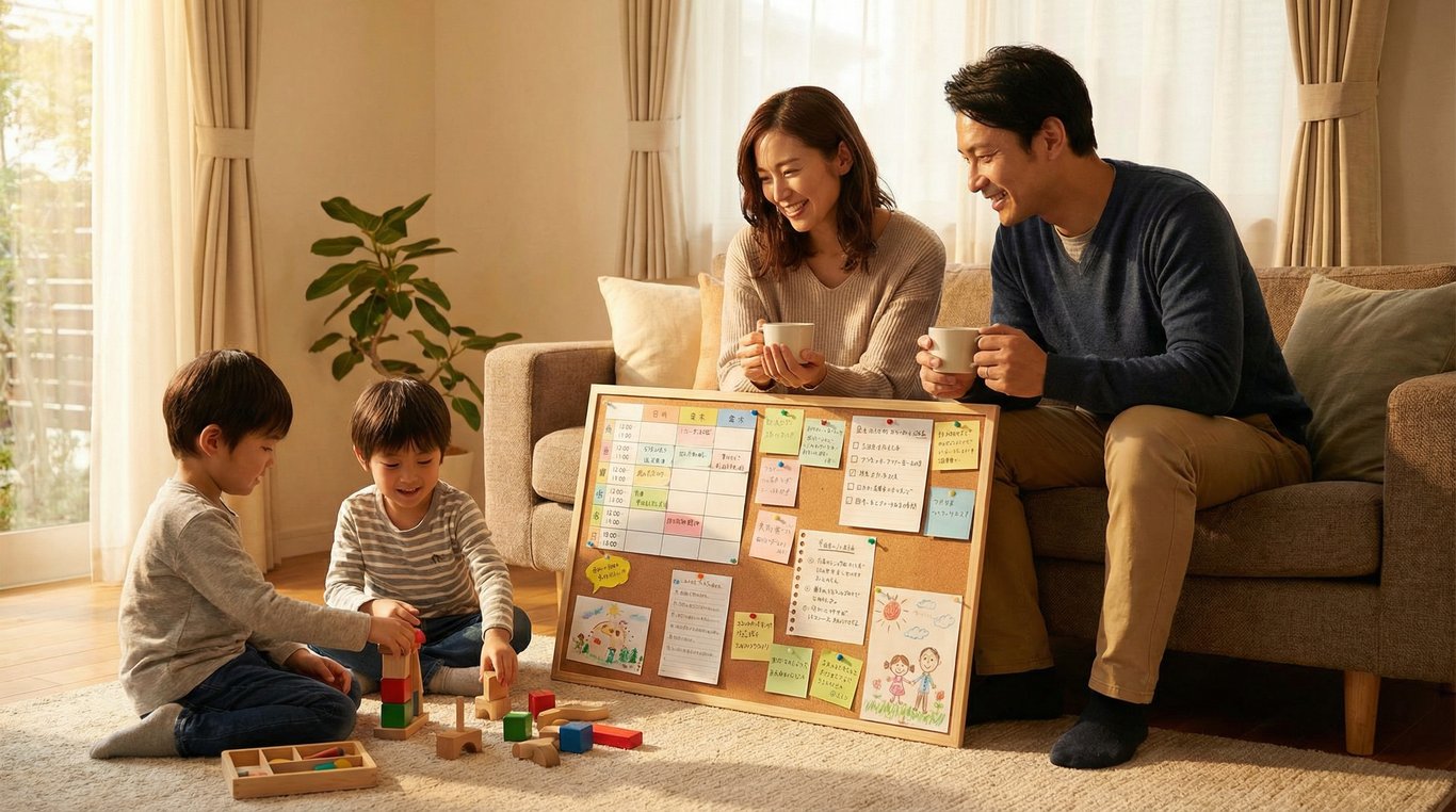 Famille heureuse organisant son planning hebdomadaire