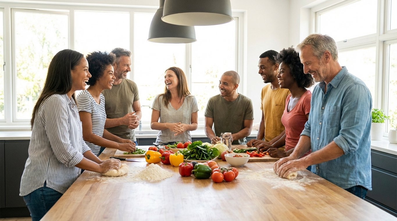 Groupe d'amis cuisinant ensemble dans la joie