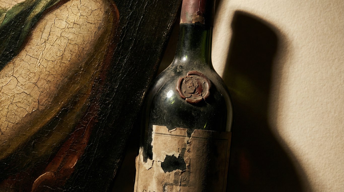 Composition artistique avec vin millésimé et toile de maître