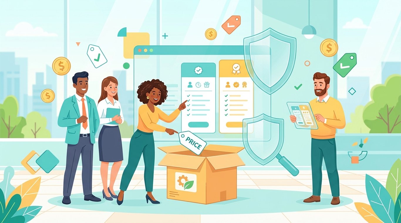 Illustration de trois boîtes cadeaux représentant les forfaits Starter, Pro et Business avec des étiquettes de prix claires.