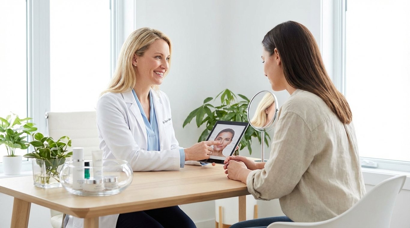 Portrait professionnel du Dr Sophie Delorme en blouse blanche élégante souriante