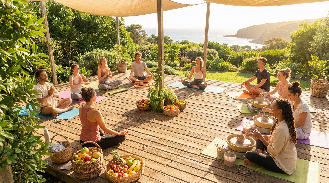 Groupe de personnes pratiquant le yoga en plein air dans une prairie près d'une forêt au coucher du soleil, ambiance paisible et inspirante