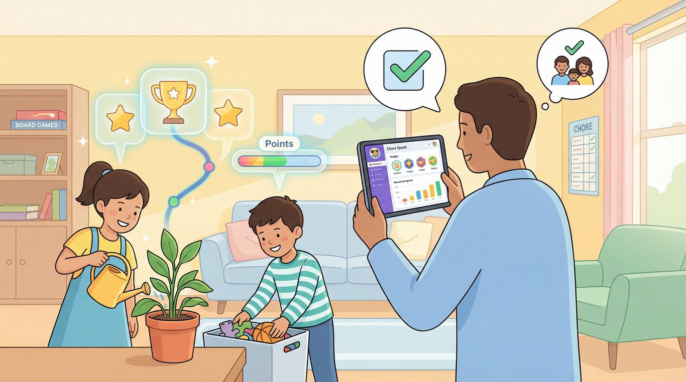 Capture d'écran stylisée du système de gamification des corvées pour enfants