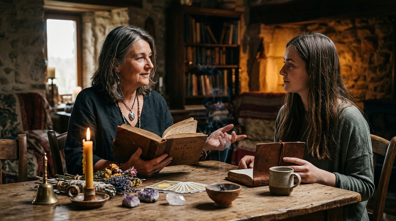 Une personne de dos, floue, versant de l’eau chaude d’une théière en fonte dans une tasse en céramique artisanale contenant des herbes fraîches.