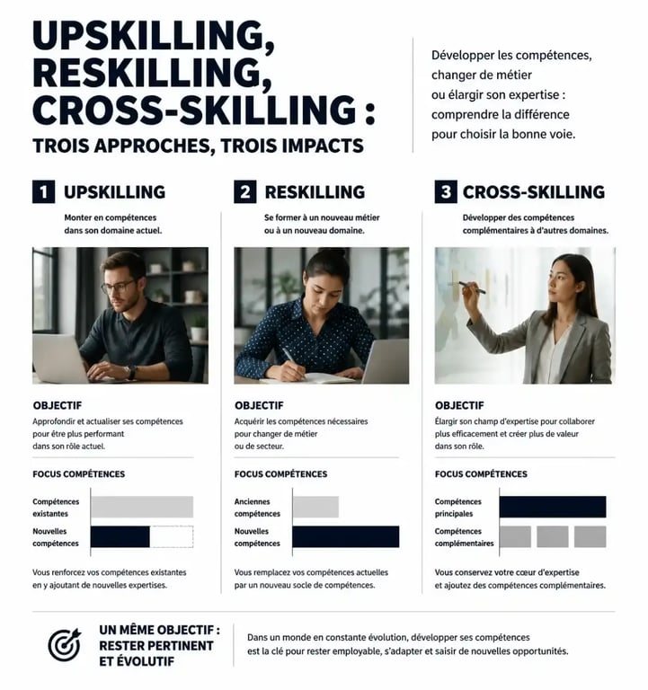 Infographie comparative des méthodes de montée en compétences : upskilling, reskilling et cross-skilling