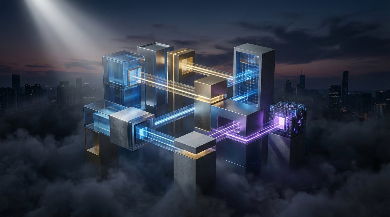 Illustration 3D en verre dépoli et métal représentant les expertises en SEO, création et publicité sociale