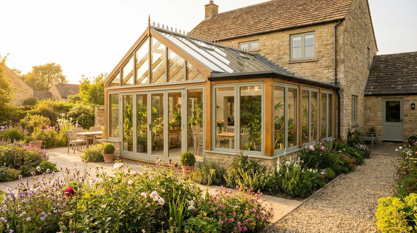 Vue panoramique d'une grande propriété avec une orangerie majestueuse illuminée à la tombée de la nuit