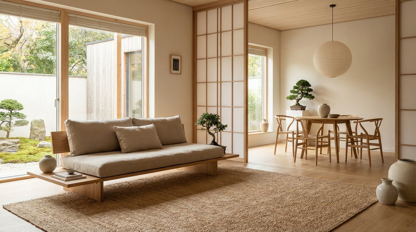 Détail d'un coin lecture style Japandi