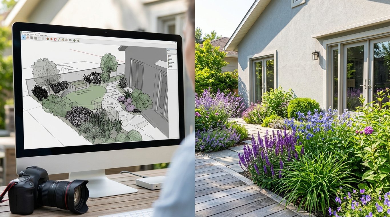Rendu 3D d’une allée Zen avant travaux : alignements et masses végétales.