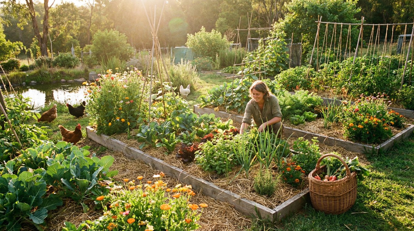 Jardin luxuriant en permaculture avec plantes compagnes et lumière naturelle filtrée