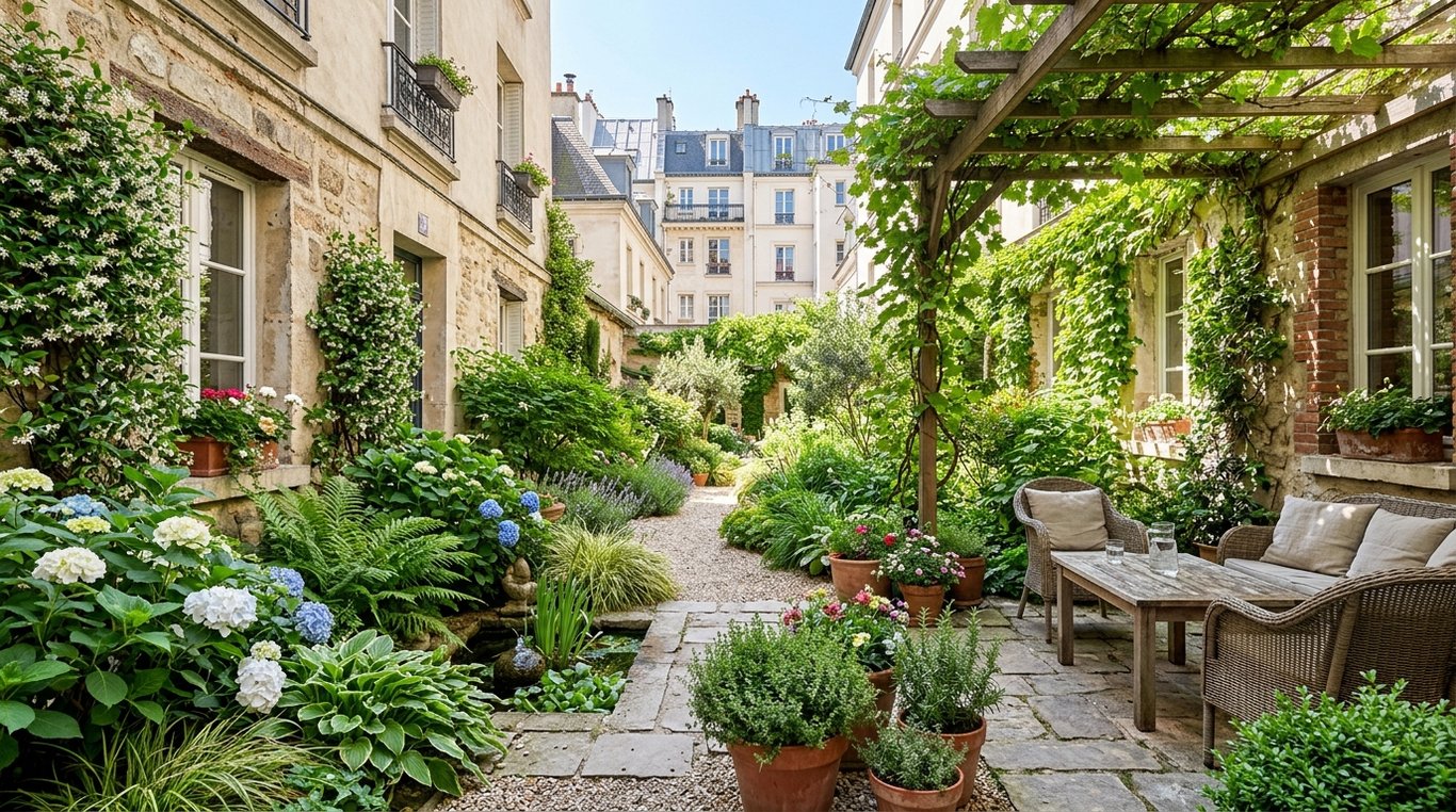 Patio moderne avec bassin d'eau et fougères