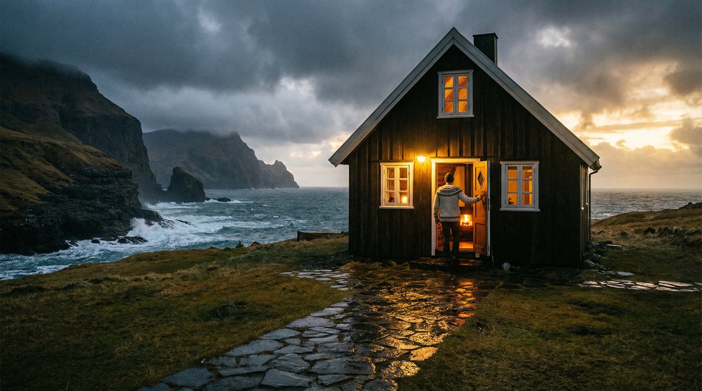 Gros plan sur une main gantée tenant un guidon, avec en arrière-plan flou le bâtiment d'accueil moderne en bois et métal