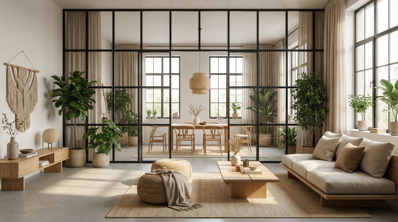 Loft écologique avec grande verrière, plantes vertes luxuriantes et décoration japandi