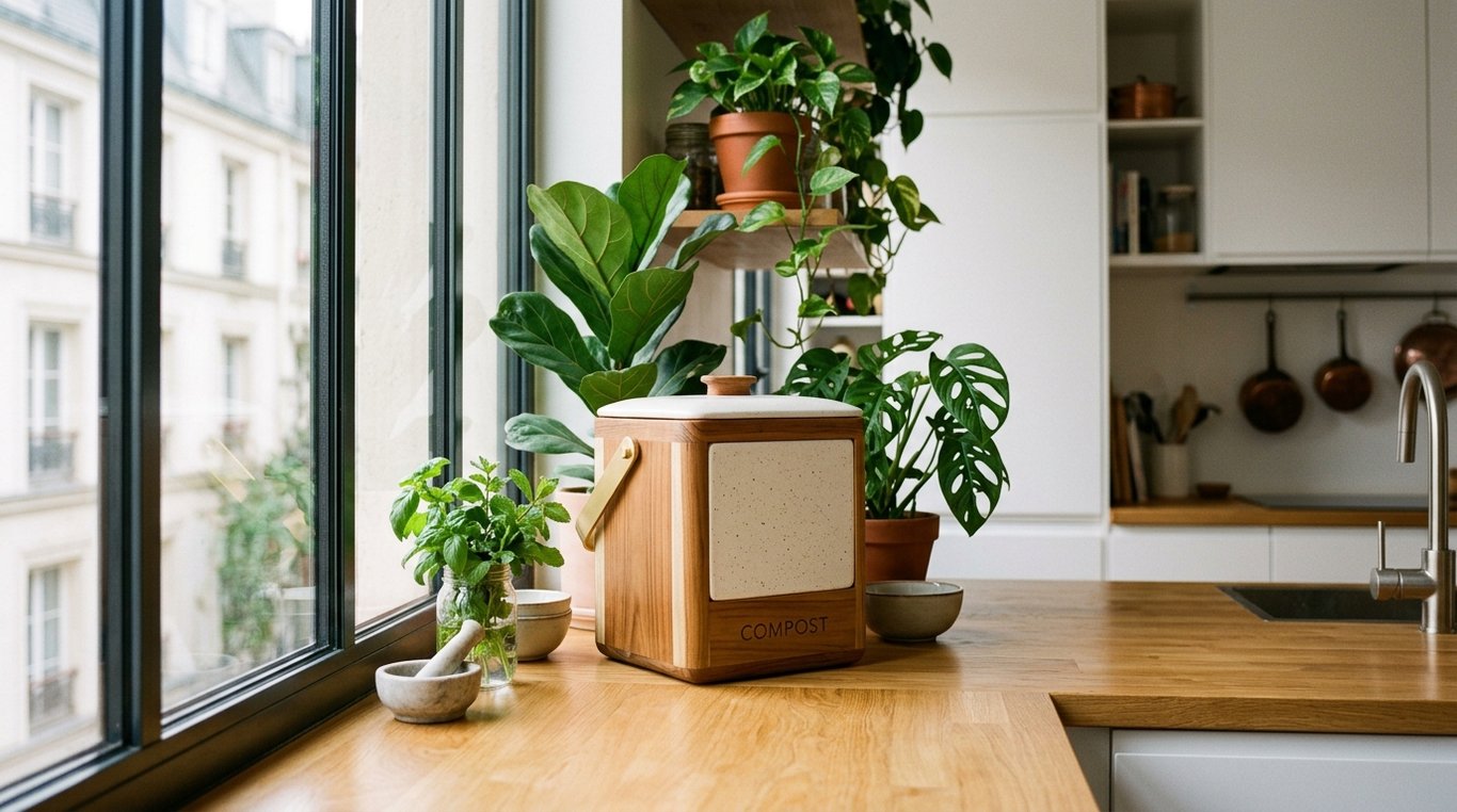 Élégant composteur en bois et céramique posé dans une cuisine d'appartement moderne, entouré de plantes