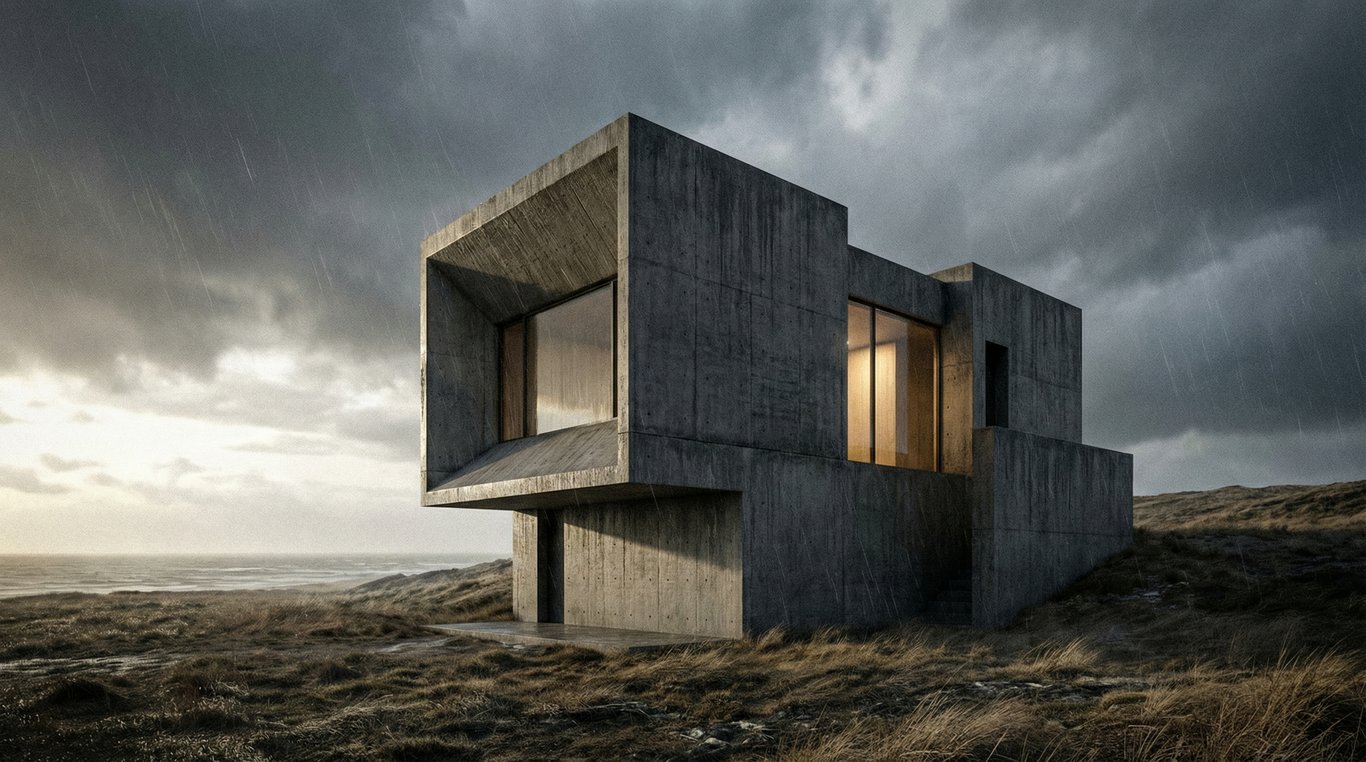 Vue architecturale intérieure du loft Résidence Bunker avec murs en béton brut et lumière naturelle zénithale