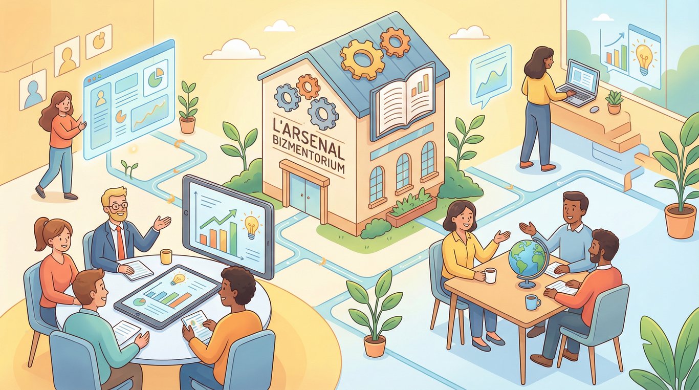 Illustration abstraite représentant des outils de bureau mélangés à des éléments de circuit imprimé, style pop-art brutaliste