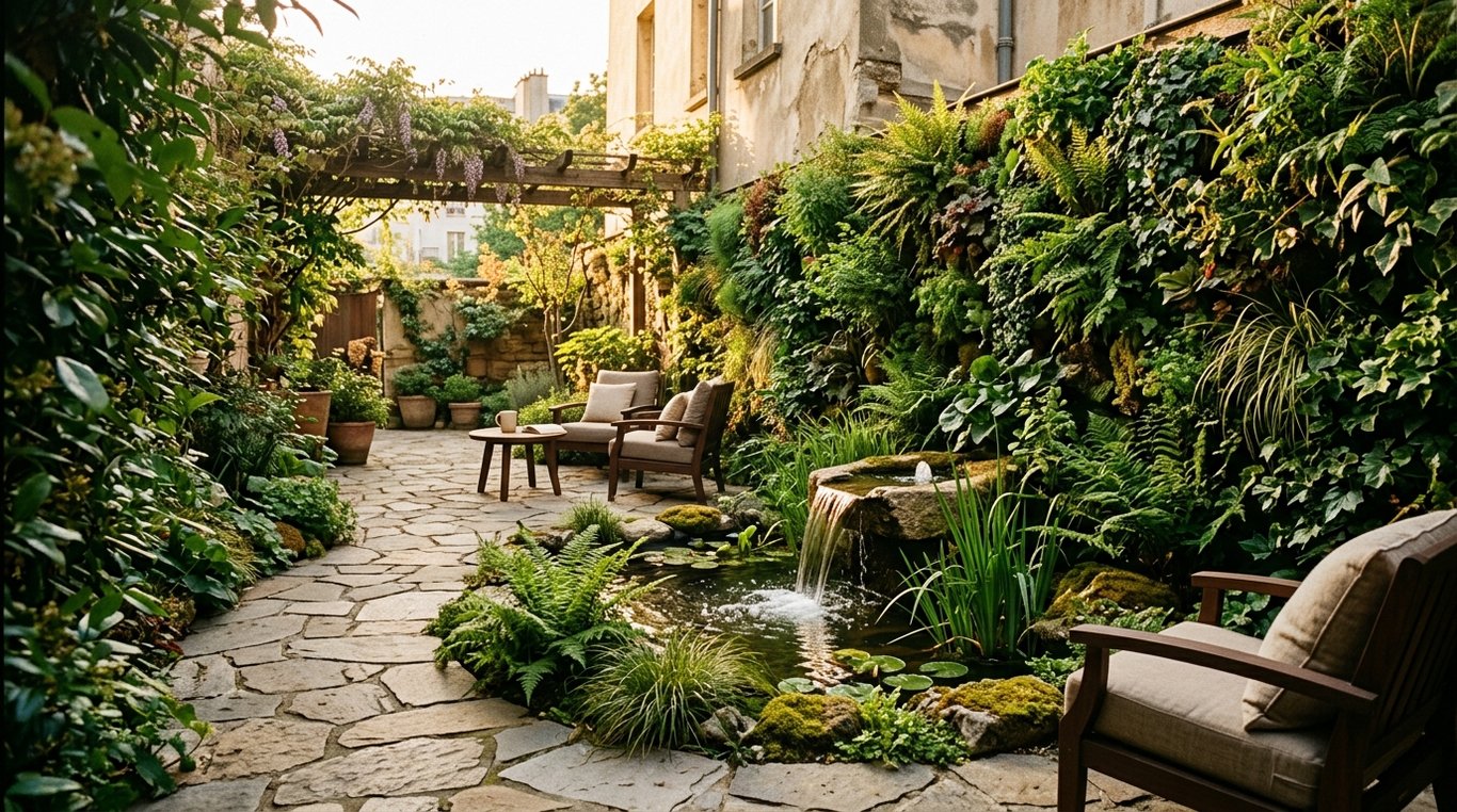 Vue d’ensemble d’un patio urbain transformé en oasis végétale, avec murs végétalisés et éléments minéraux naturels.