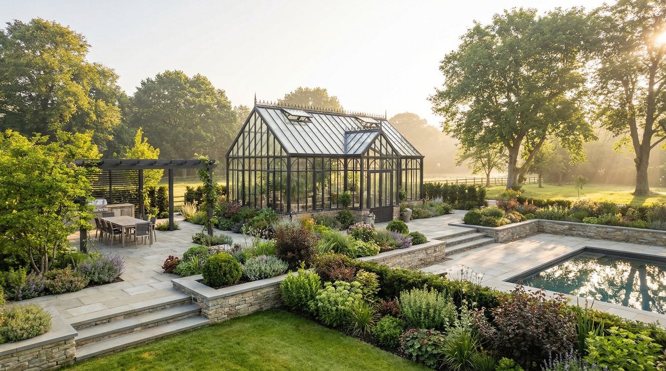 Détail architectural d'une serre Côté Serre avec plantes luxuriantes