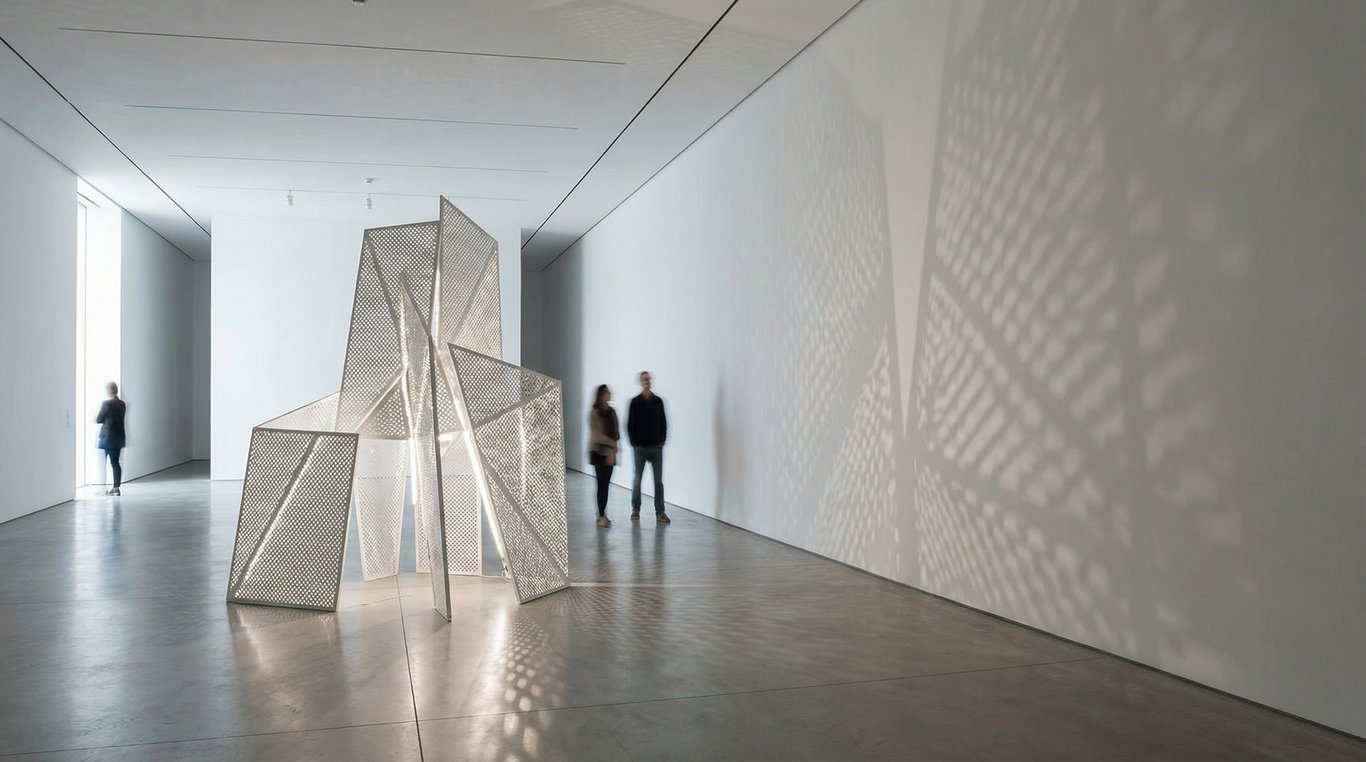 Œuvre phare de l'exposition 'Lumières découpées' : sculpture lumineuse aux formes épurées