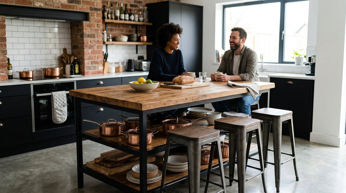 Plan de travail magnifiquement décoré avec des herbes aromatiques et planches à découper