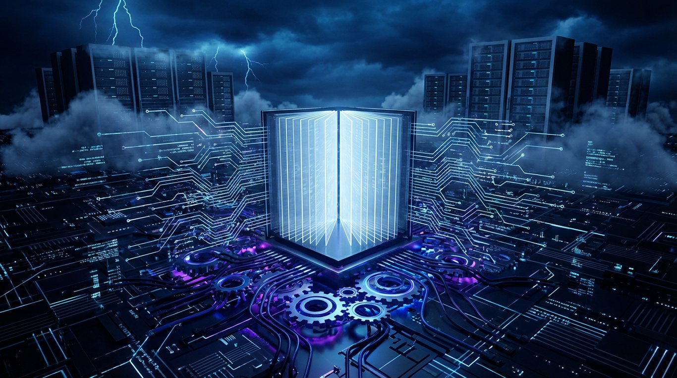 Plan de travail de développeur moderne en low-light, moniteurs affichant du code syntax-highlighted et tasse de café fumante