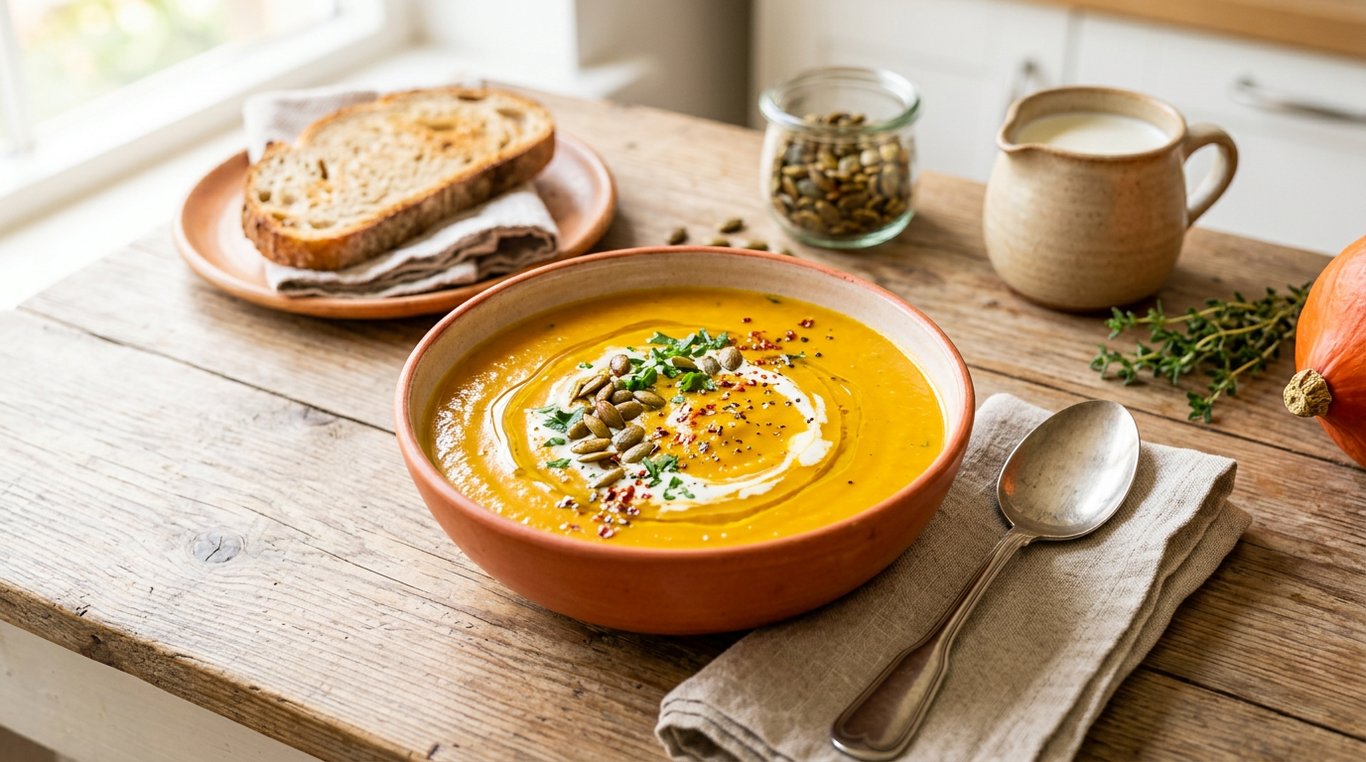 Bol fumant de soupe de potimarron épicée