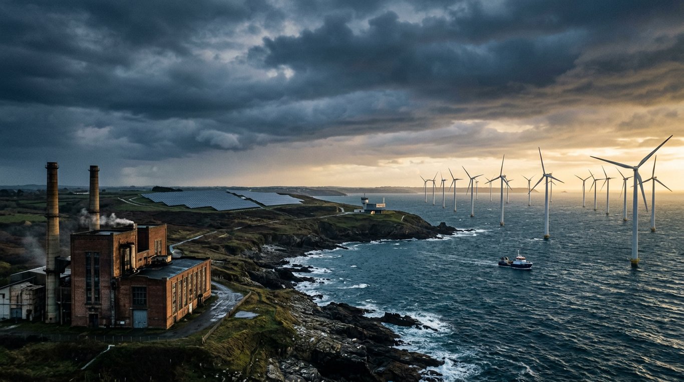 Vue aérienne d'un vaste parc éolien offshore au coucher du soleil