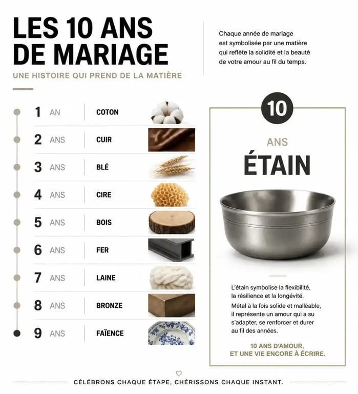 Infographie symbolique des 10 ans de mariage noces d'étain