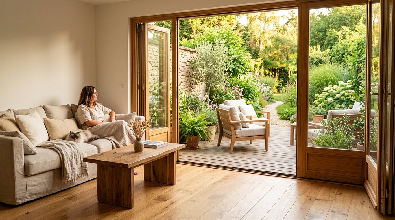 Salon lumineux avec grandes ouvertures donnant sur un jardin luxuriant, palette chaleureuse et bois naturel.
