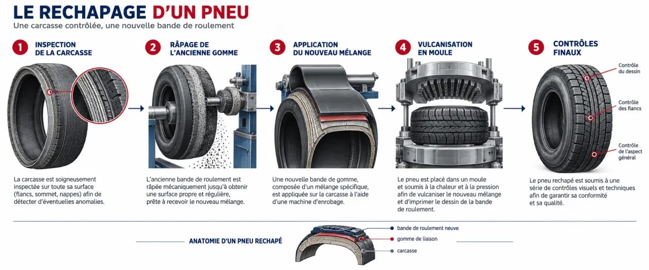 Schéma des étapes de fabrication d’un pneu rechapé, de l’inspection de la carcasse aux contrôles finaux