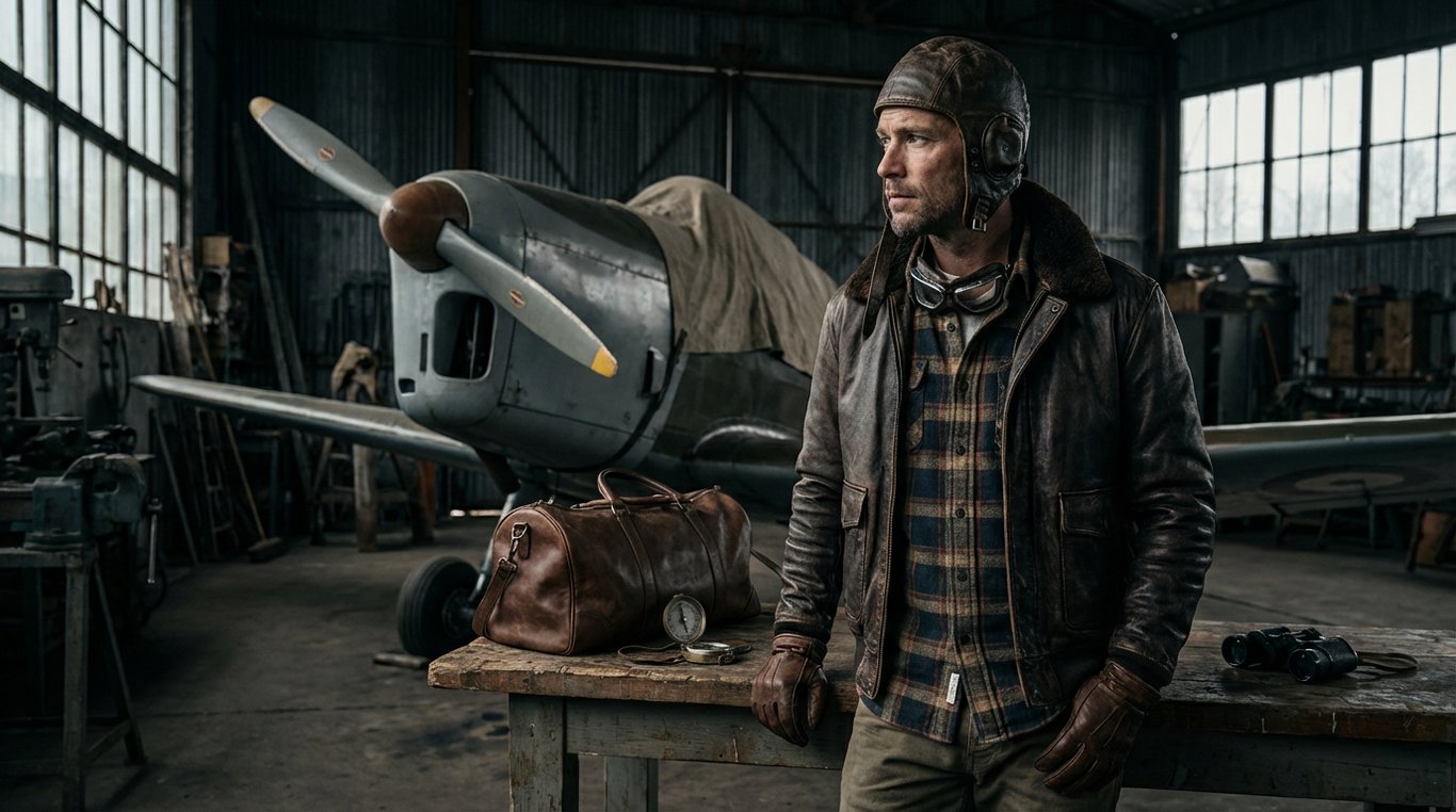 Vêtements de la collection L'Aviateur : blousons en cuir, chemises robustes et accessoires workwear