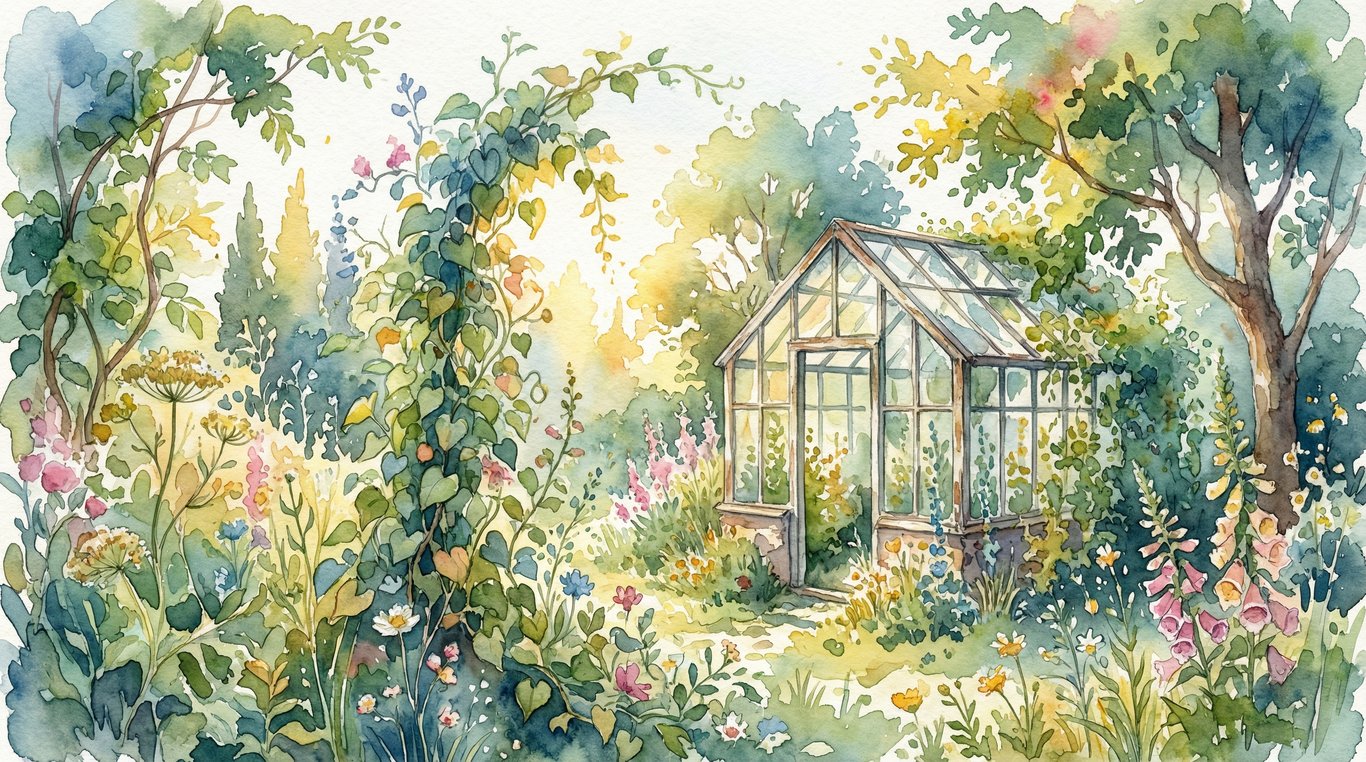Illustration aquarelle d'un jardin sauvage et luxuriant avec une serre ancienne