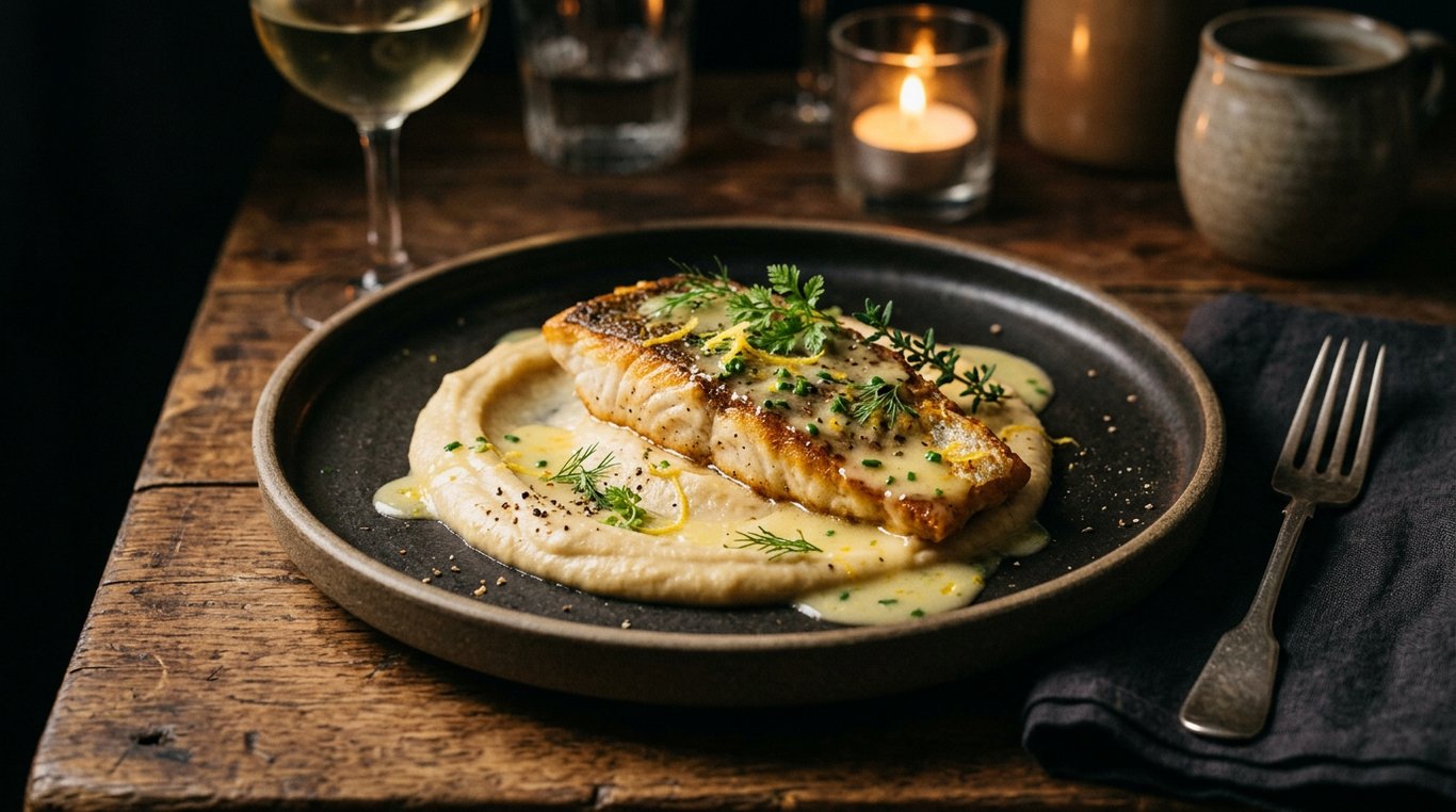 Filet de bar poêlé sur lit de purée de topinambour, sauce au beurre blanc et légumes croquants