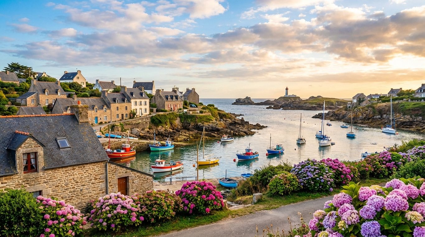 Côte rocheuse et phare en Bretagne sous ciel bleu