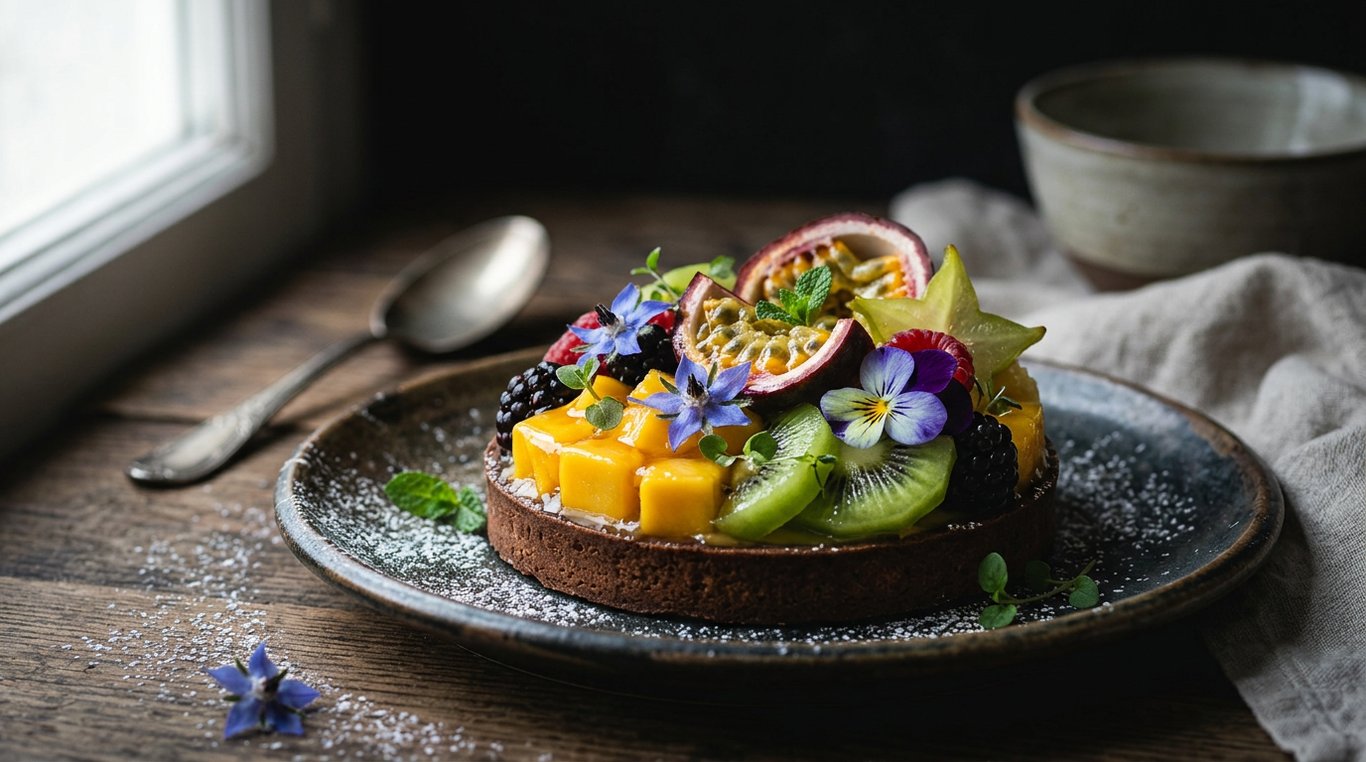 Tartelette aux fruits exotiques avec gelée miroir brillante et décoration florale
