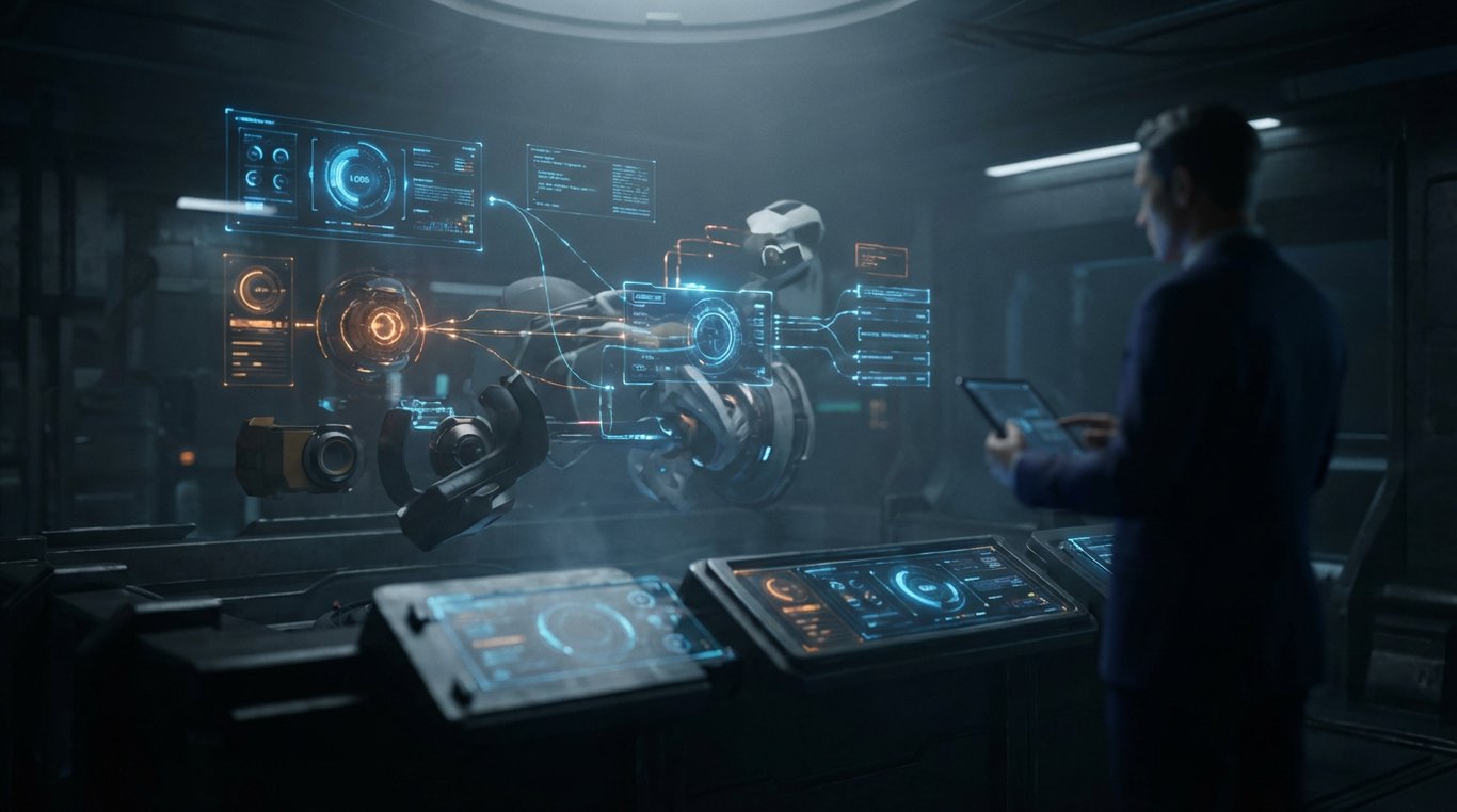 Illustration abstraite 3D représentant une architecture modulaire de code en bleu et blanc