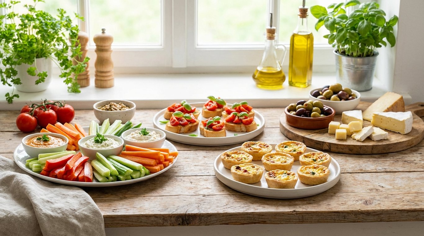 Assortiment d'entrées colorées et fraîches dans des petits plats