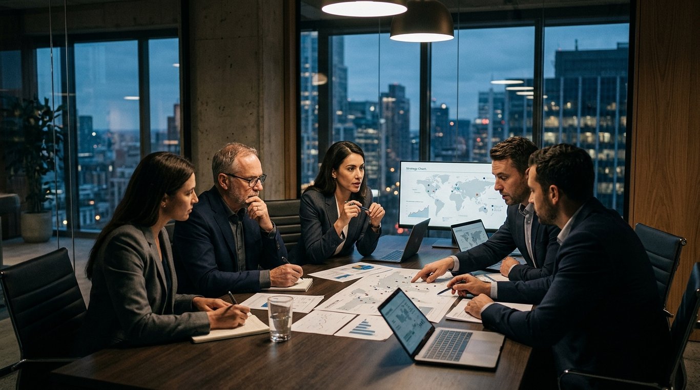 Représentation abstraite de la stratégie d'entreprise, pièces d'échecs sur un échiquier moderne en verre et métal, éclairage dramatique