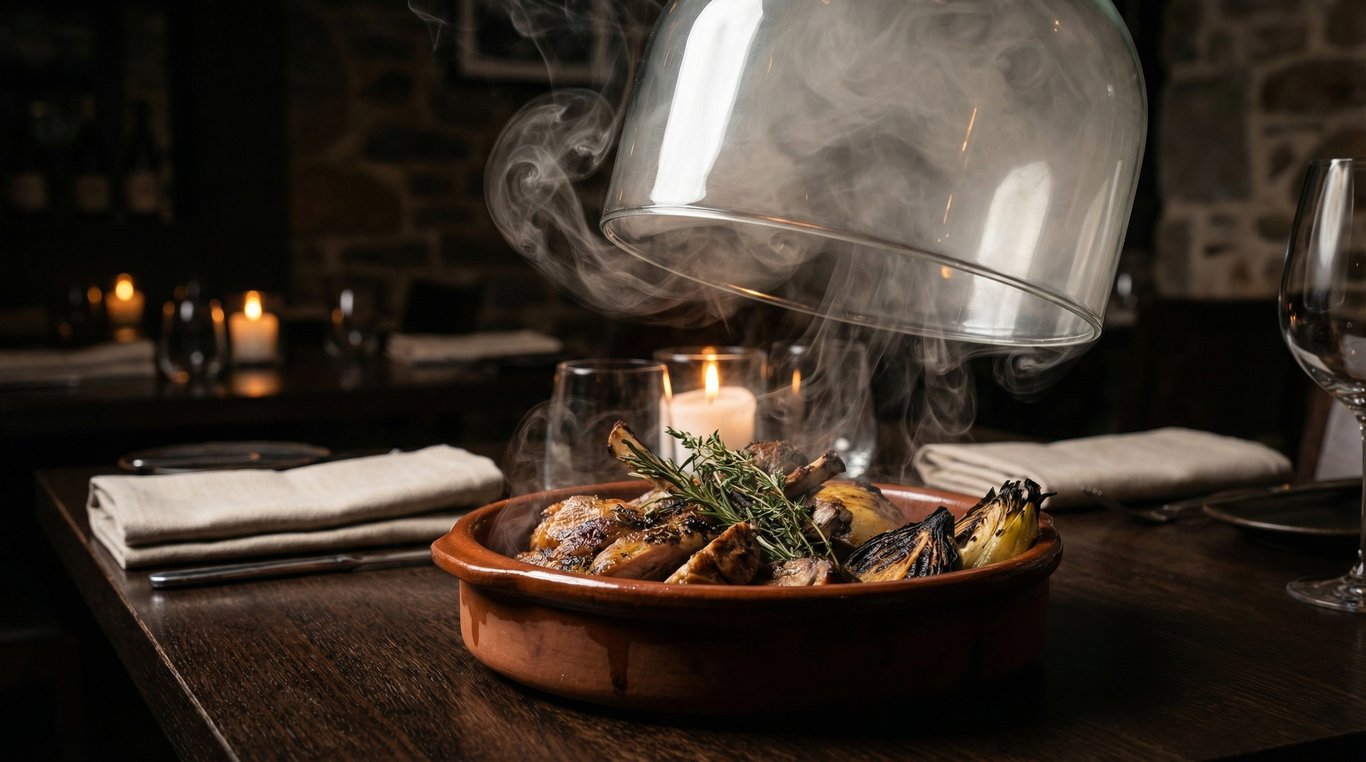 Plat fumant fraîchement servi, vapeur s’échappant délicatement