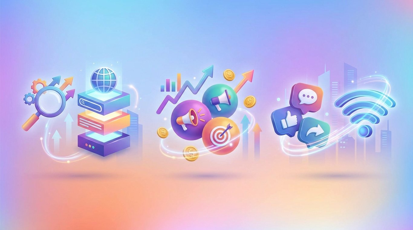 Illustration 3D de plusieurs écrans connectés affichant des tableaux de bord analytiques et des icônes de réseaux sociaux, design épuré