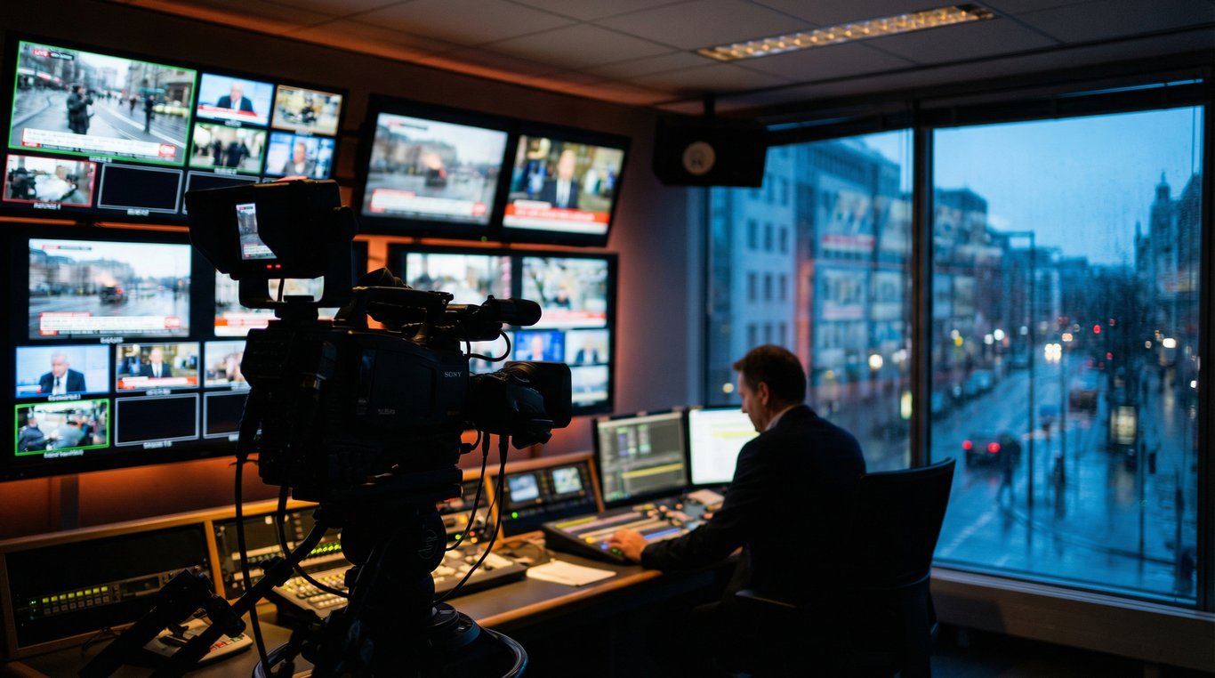 Miniatures vidéo d'actualité avec icônes de lecture superposées, ambiance sombre et cinématographique