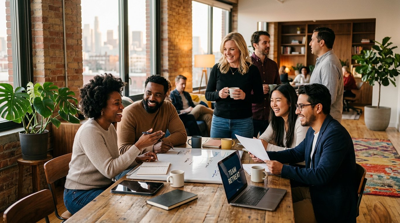 Équipe de designers et ingénieurs discutant autour de plans d'architecte dans un bureau lumineux
